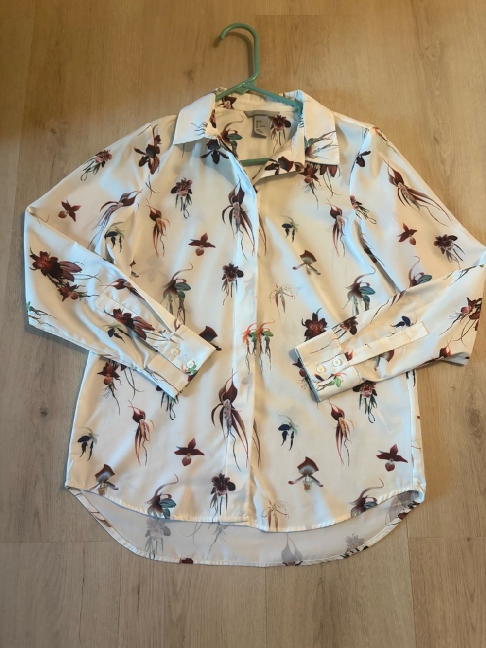 H&M White Button-Down Shirt with Maroon & Teal Floral Print